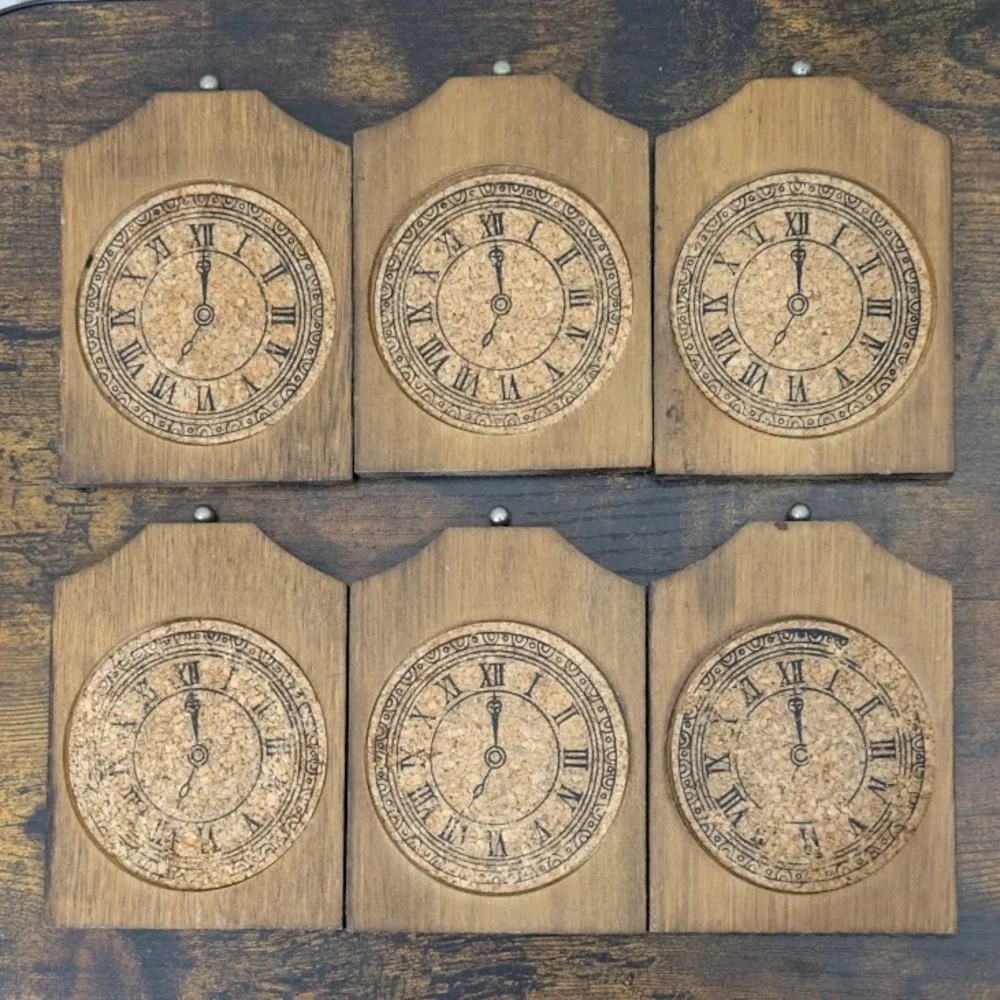Vintage 1975 Enesco Wooden Clock Coaster Set‎ Of 6 Retro Decor Wood Cork